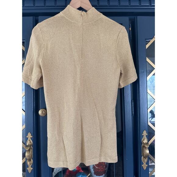 Gold Metallic knit St. John Mock Neck short sleeved sweater small 80's - Picture 3 of 7